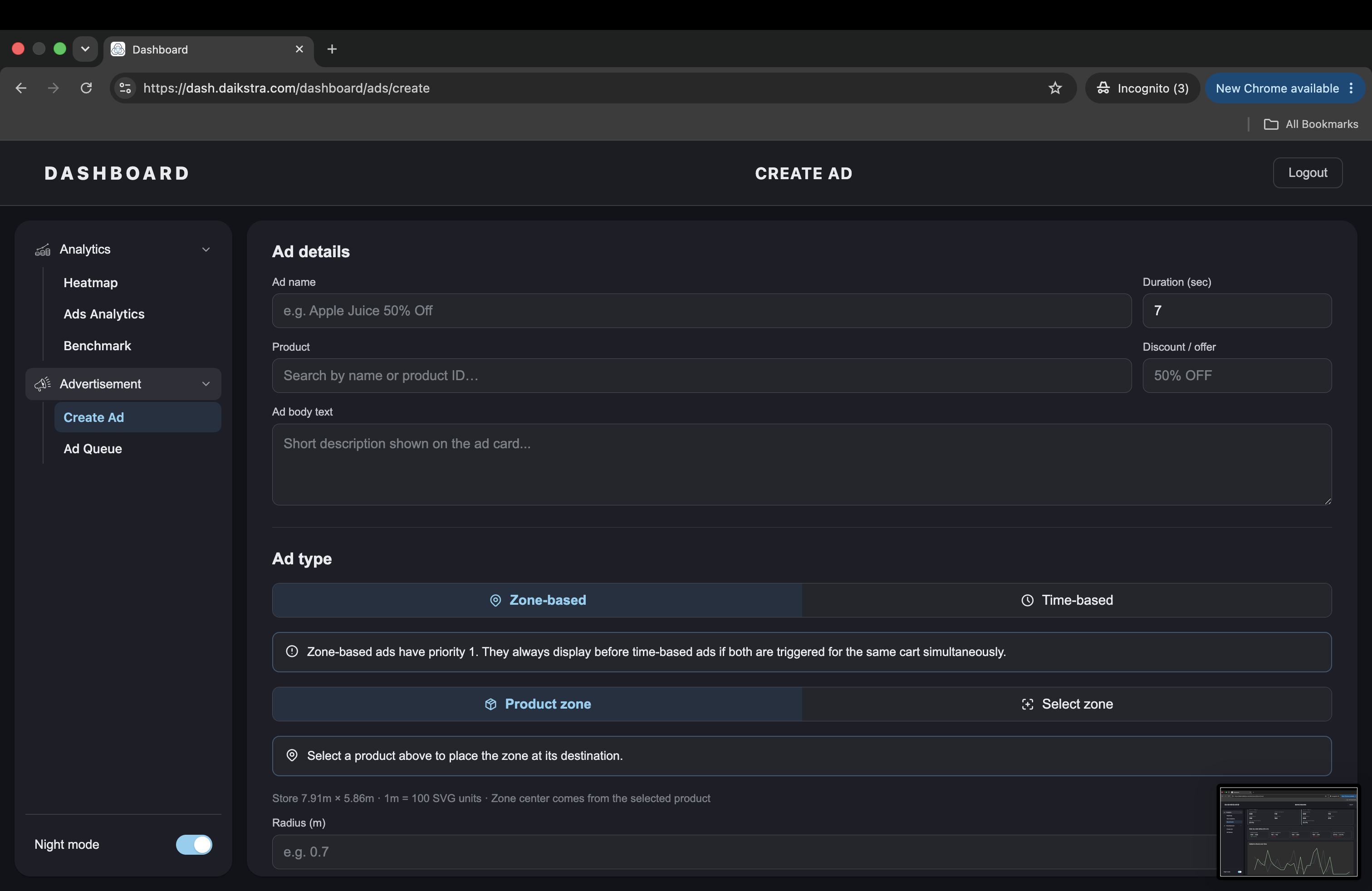 Ad campaign and promotion creation dashboard