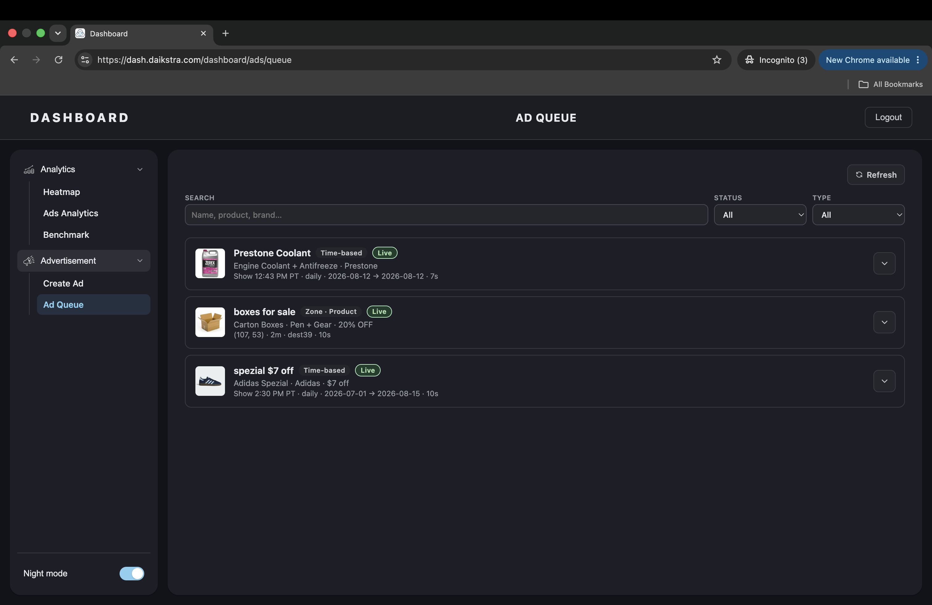Ad campaign and promotion queue dashboard